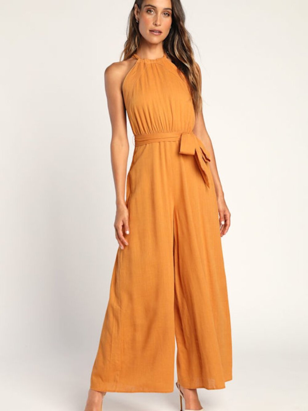 NWT Lulus Reach For Radiance Marigold Halter Wide-leg Jumpsuit Yellow - Size M